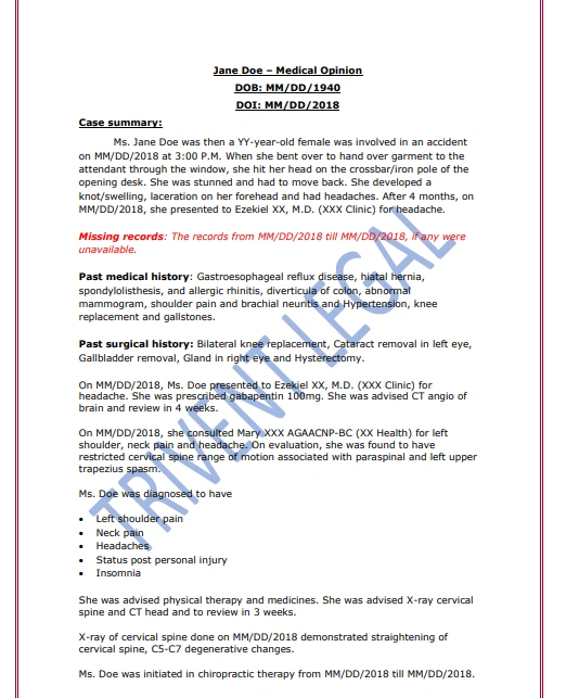Premises Liability Medical Opinion Sample