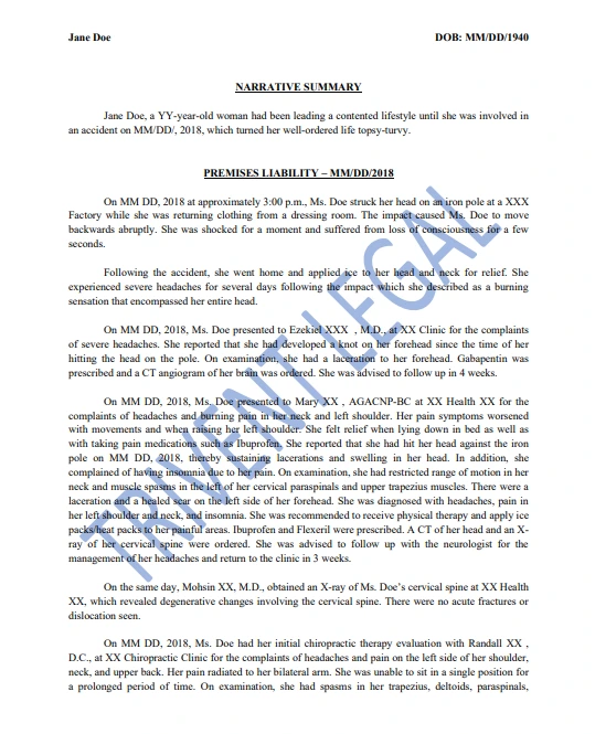 Premises Liability Narrative Summary Sample