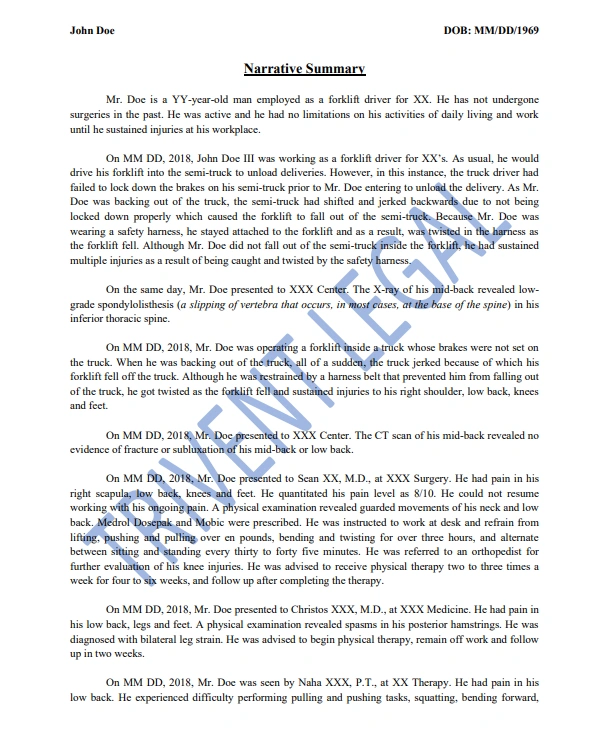 Narrative Summary Samples for Motor Vehicle Accident (MVA) in Personal Injury cases